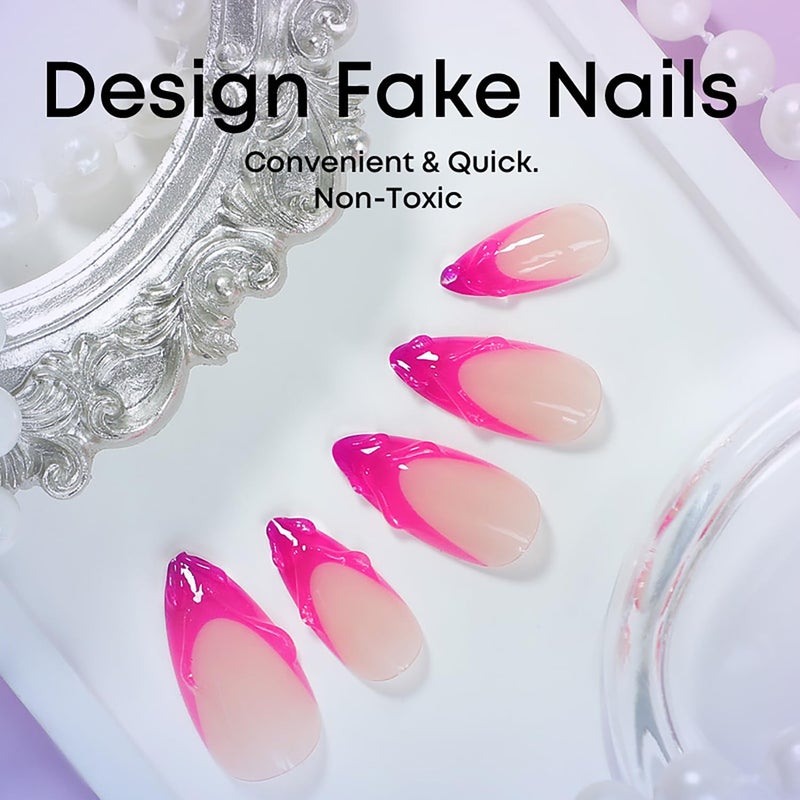 ASABITE 24 Pcs Almond Press on Nails Medium Fake Nails Kit Pink French Tip False Nails with 3D Design Almond Nail Tips Acrylic Nails Press ons Glossy Holiday Glue on Nails Reusable Stick on Nails for Women - Image 4